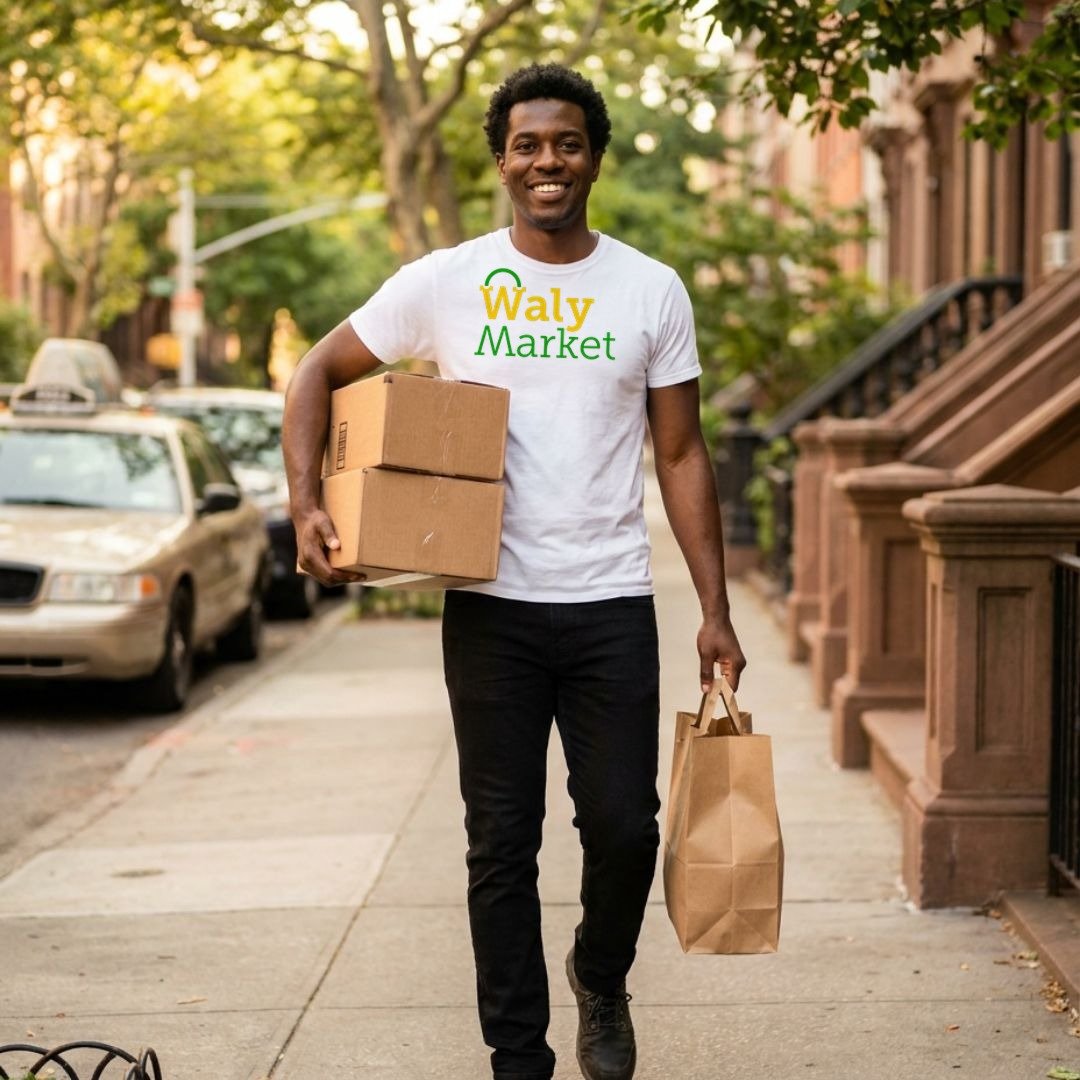A smiling Waly Market courier in a white Waly Market t-shirt carrying packages and a grocery bag down a New York City brownstone street